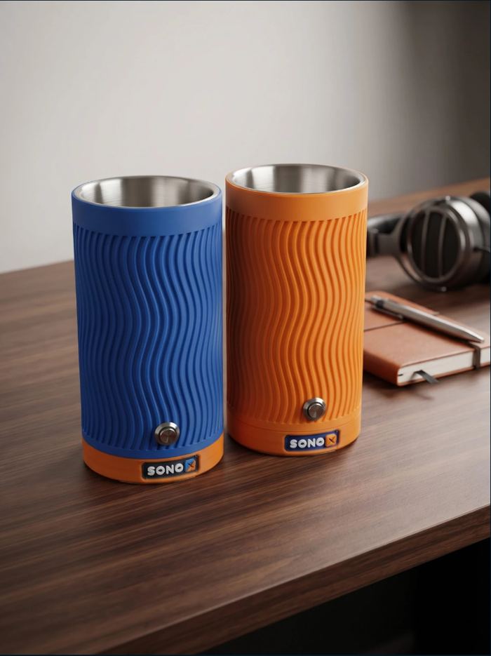 Blue and orange SonoX Pro units on a wooden desk