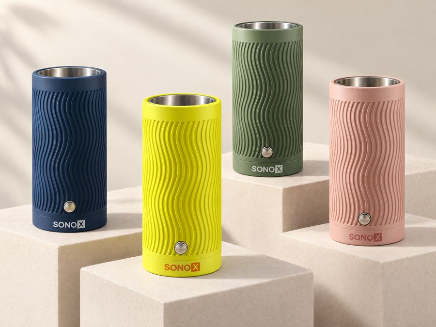 Four SonoX units in navy, yellow, green and pink on stone steps